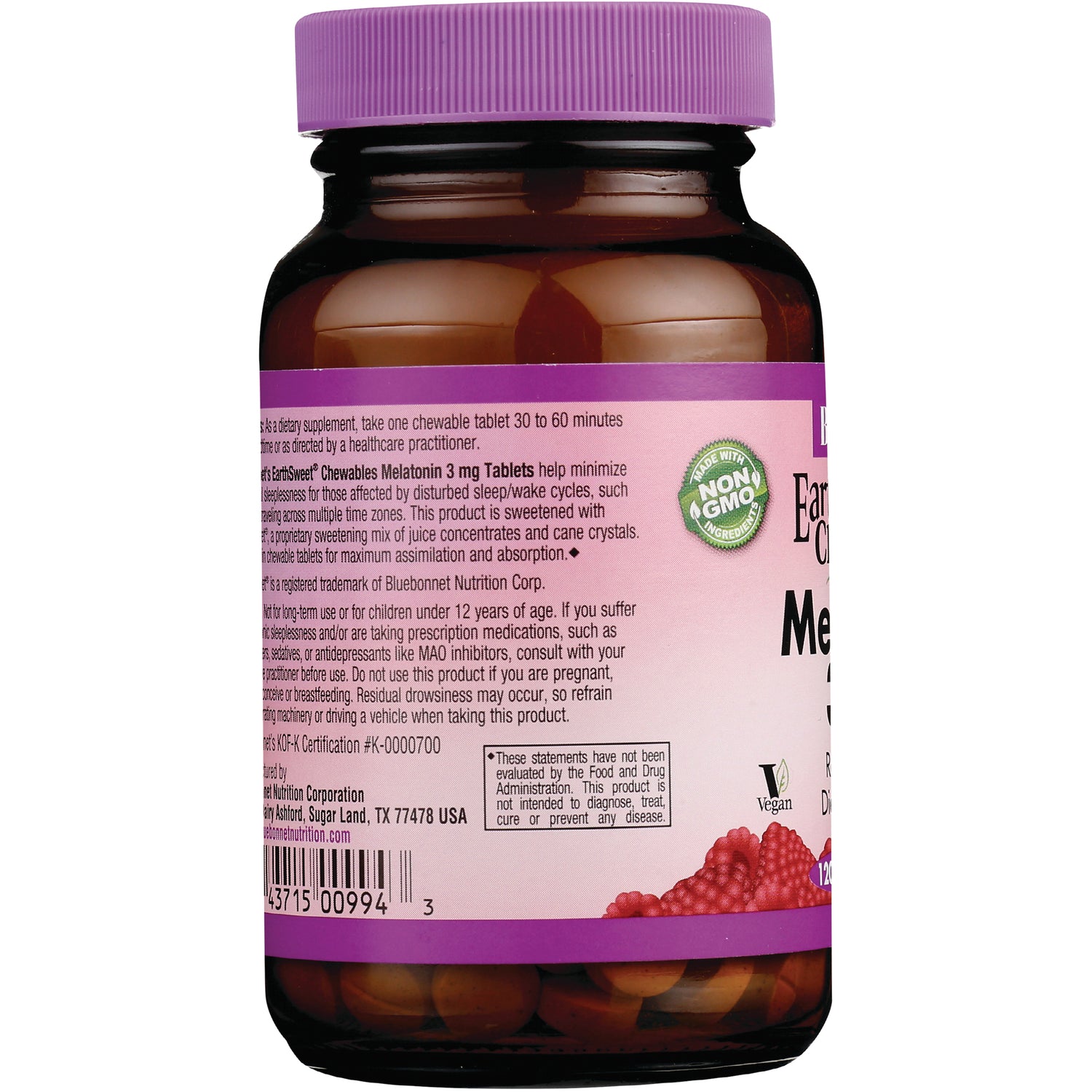 BLU142 | Brown supplement bottle back label with directions, warnings, barcode, non-GMO badge and raspberry graphic