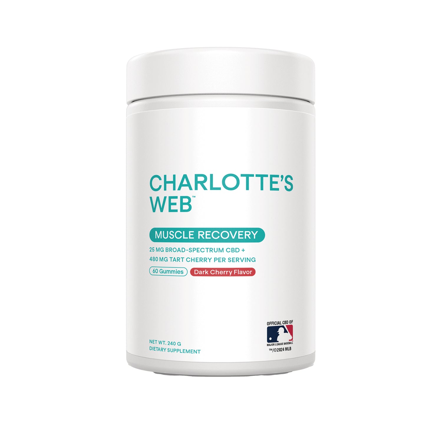 RE002 | Charlotte's Web Muscle Recovery white jar labeled 60 gummies Dark Cherry flavor dietary supplement
