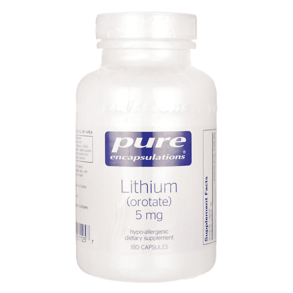 PRN126 | white supplement bottle labeled pure encapsulations Lithium (orotate) 5 mg, 180 capsules - Thumbnail