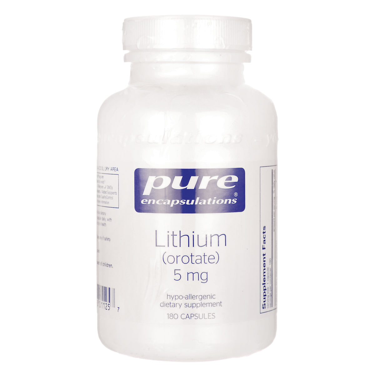 PRN126 | white supplement bottle labeled pure encapsulations Lithium (orotate) 5 mg, 180 capsules