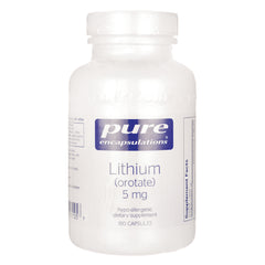 PRN126 | white supplement bottle labeled pure encapsulations Lithium (orotate) 5 mg, 180 capsules