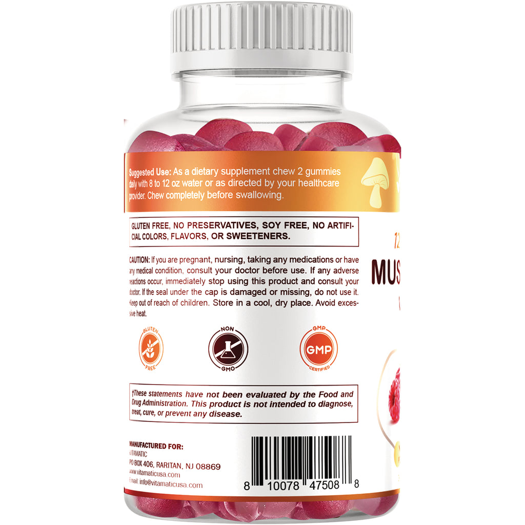 VAM001 | Back label of raspberry gummy supplement bottle with suggested use, allergen-free claims, warnings, and barcode - Thumbnail
