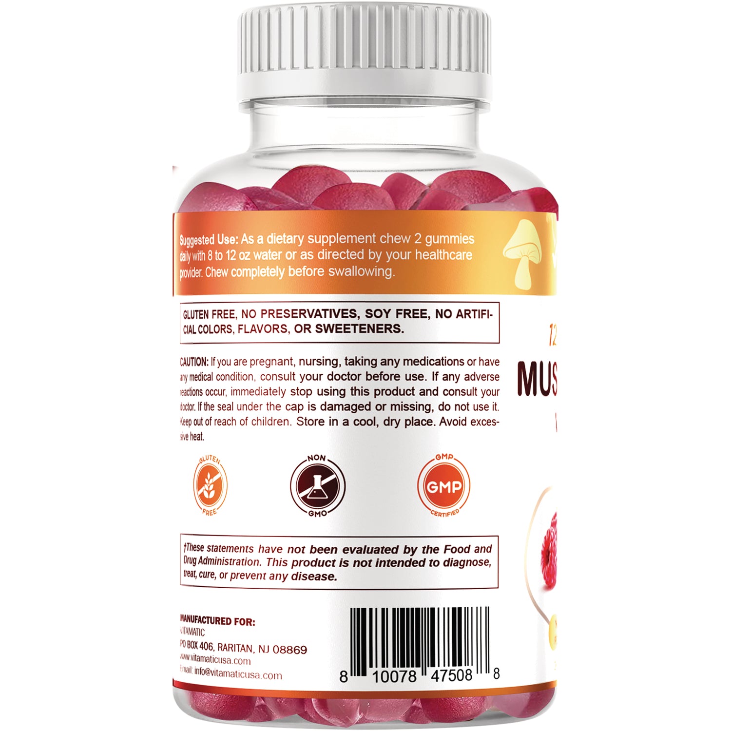 VAM001 | Back label of raspberry gummy supplement bottle with suggested use, allergen-free claims, warnings, and barcode