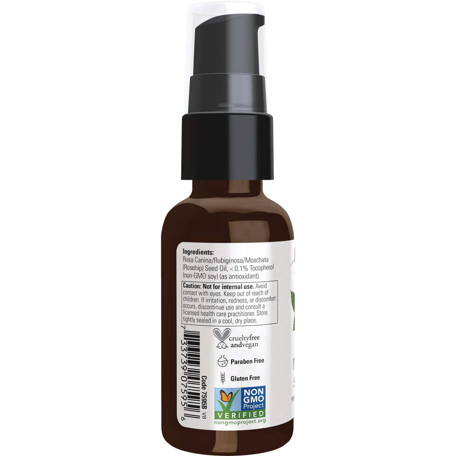 NWF200 | Back label of brown pump bottle showing ingredients list, caution text, barcode, and Non-GMO Verified badge