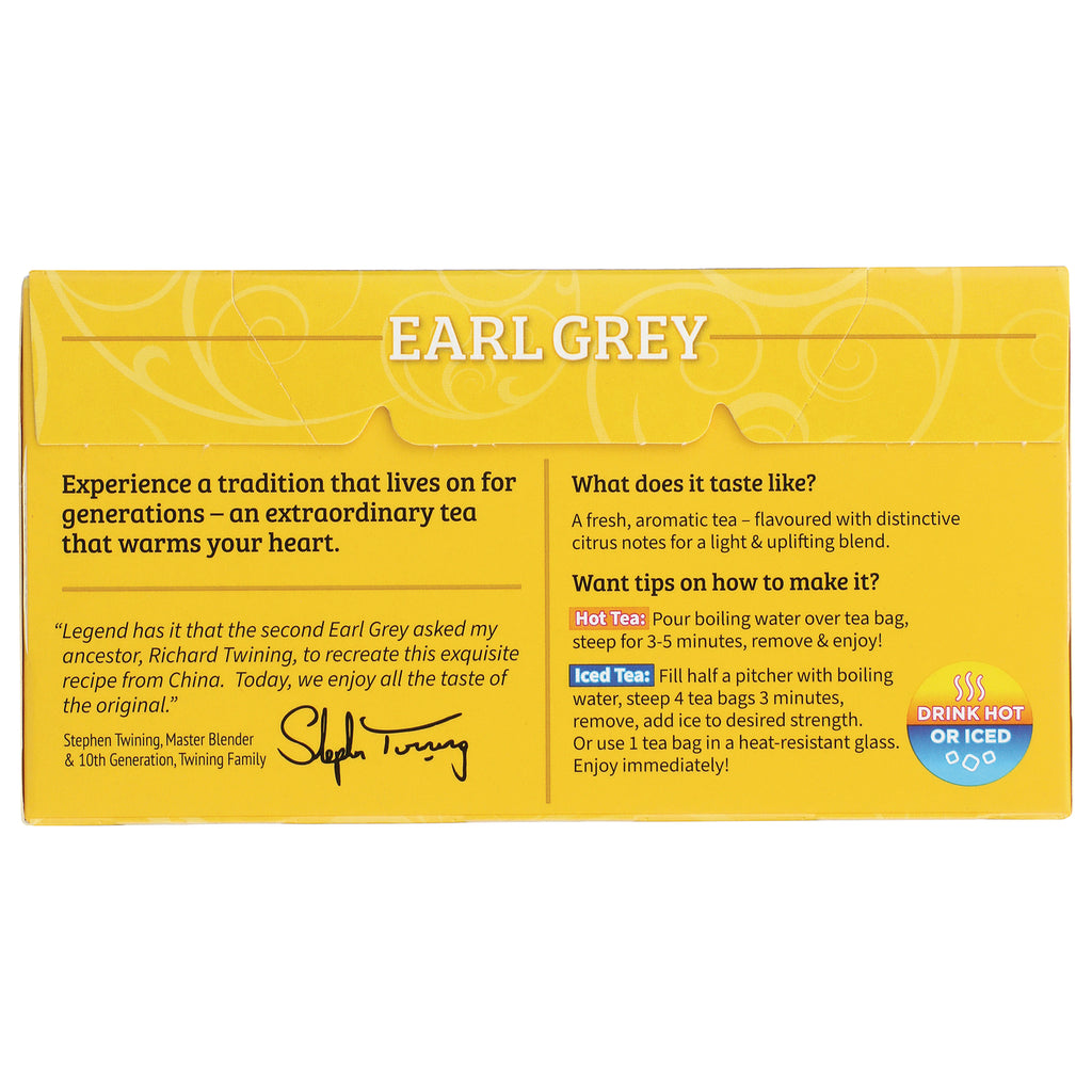 TWN002 | Earl Grey tea box back with taste notes and brewing instructions, drink hot or iced - Thumbnail