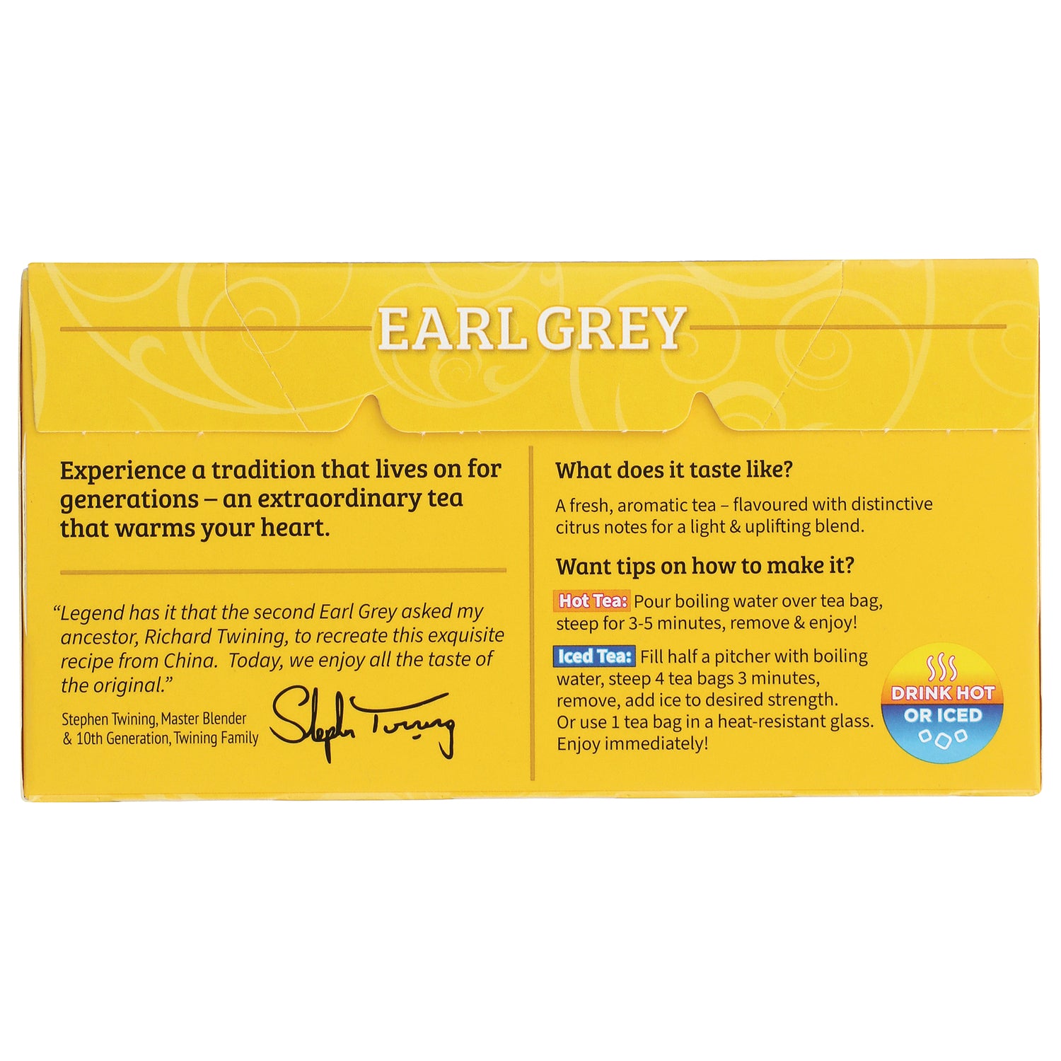 TWN002 | Earl Grey tea box back with taste notes and brewing instructions, drink hot or iced