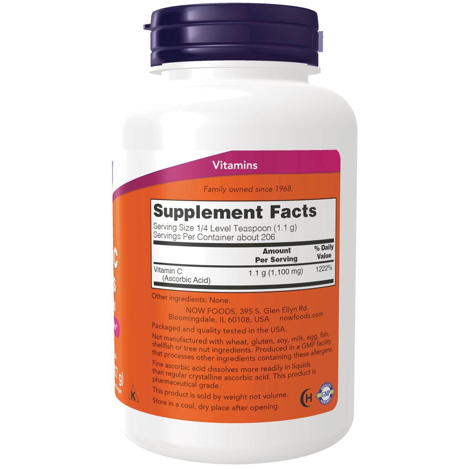NWF1023 | Back of white supplement bottle showing Supplement Facts panel and ingredient text for vitamin C