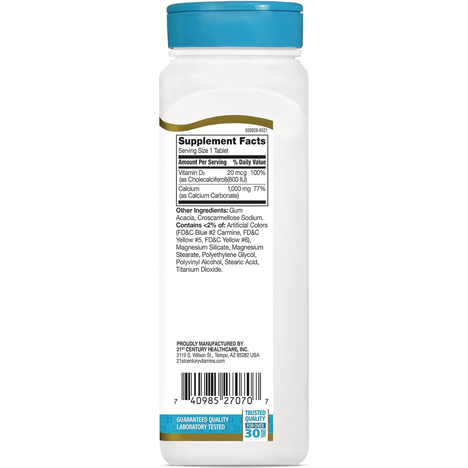 CNT021 | Back of white supplement bottle showing Supplement Facts panel, ingredients list, and barcode