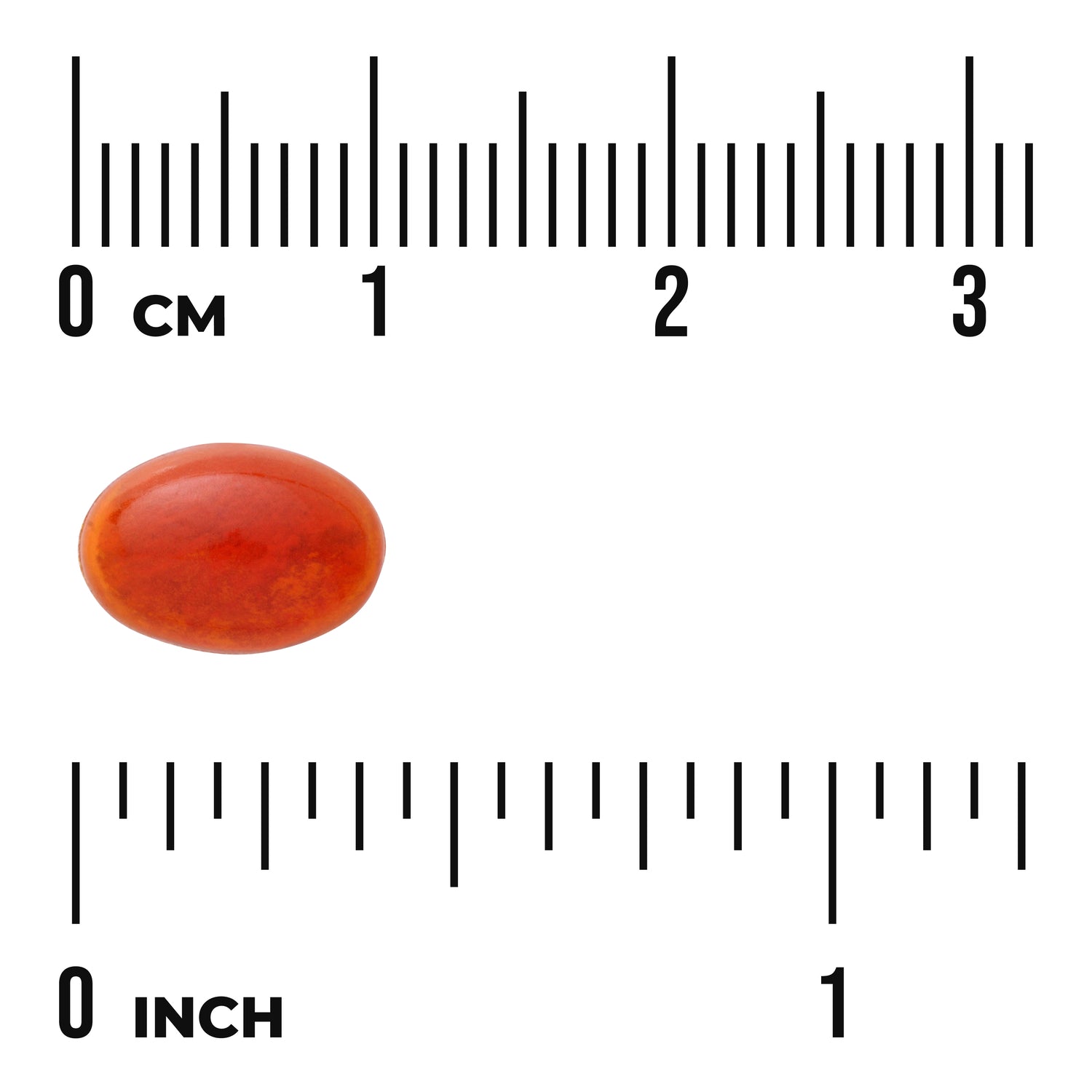 SWU254 | orange oval softgel displayed next to centimeter and inch rulers to show size