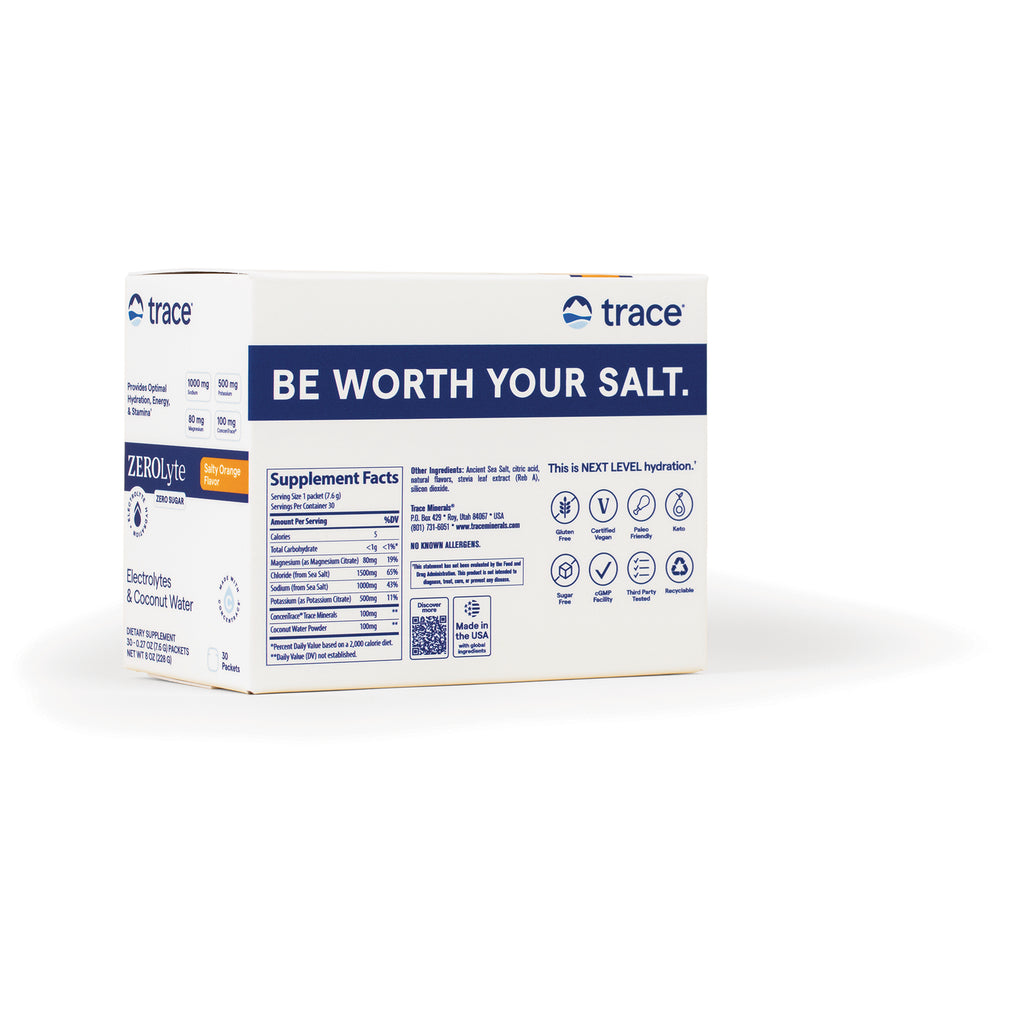 TM149 | Back of Trace ZEROlyte Salty Orange box with BE WORTH YOUR SALT, supplement facts, and icons - Thumbnail