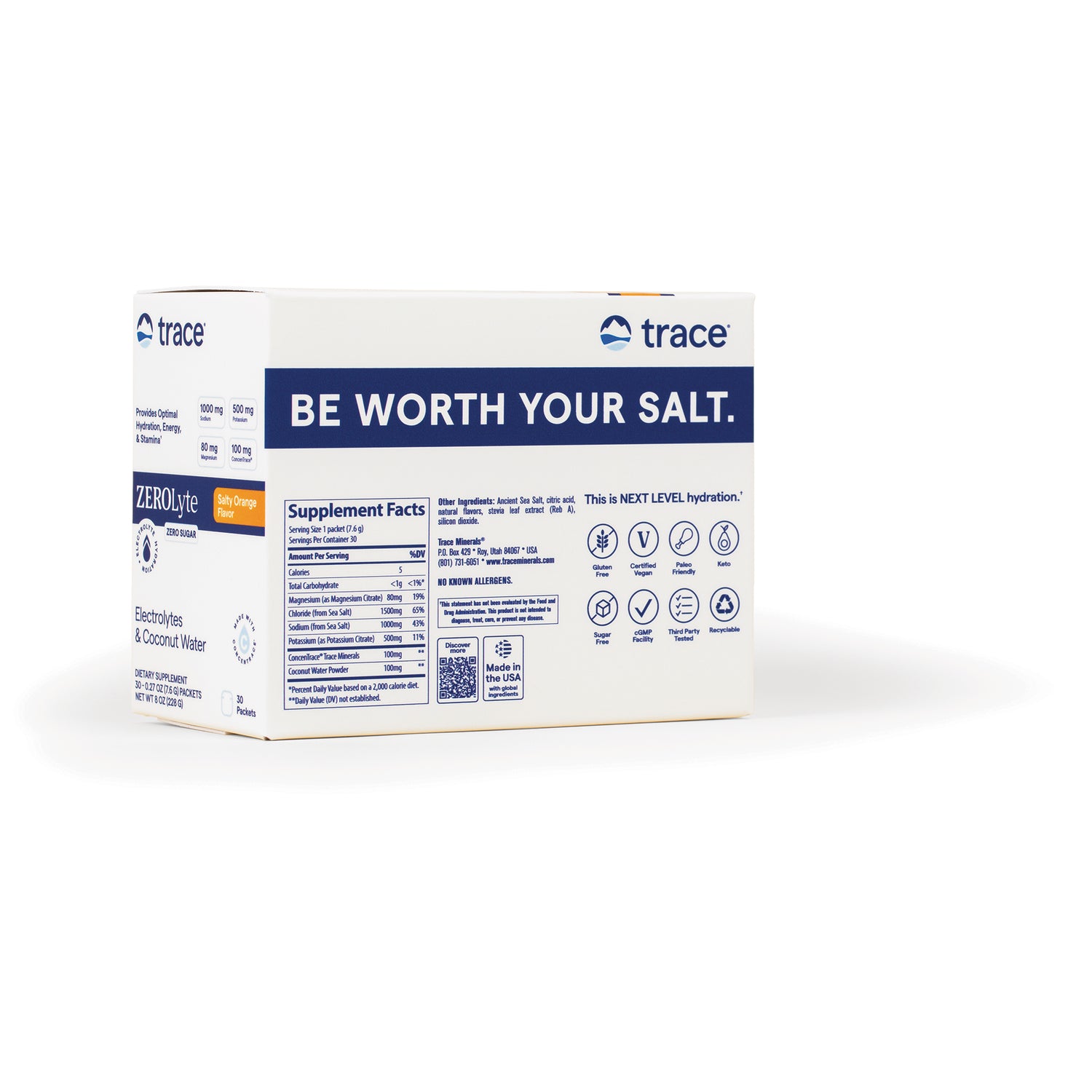 TM149 | Back of Trace ZEROlyte Salty Orange box with BE WORTH YOUR SALT, supplement facts, and icons