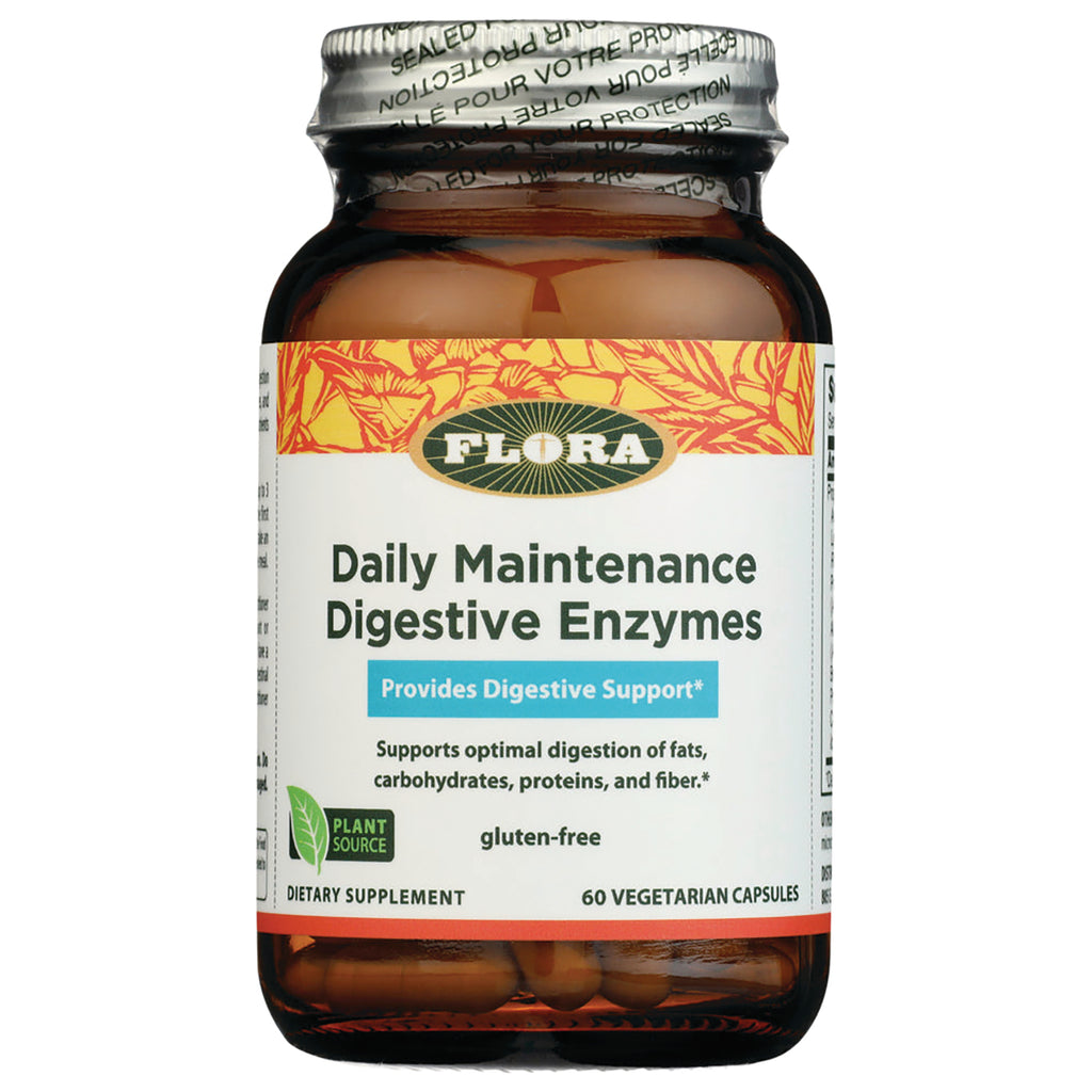 FL111 | Flora Daily Maintenance Digestive Enzymes bottle, label reads Provides Digestive Support, gluten-free, 60 vegetarian capsules - Thumbnail