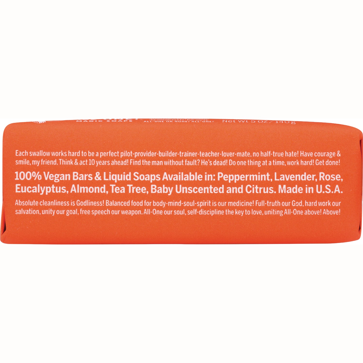 DRB005 | Back of orange soap wrapper listing 100% Vegan bars and scents: peppermint, lavender, rose, eucalyptus
