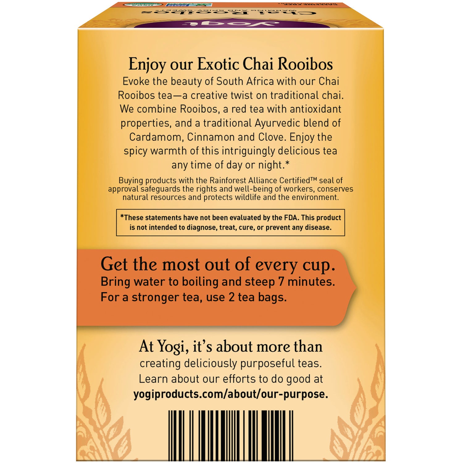 AHW022 | Back panel of chai rooibos tea box with brewing instructions 'Get the most out of every cup' and barcode