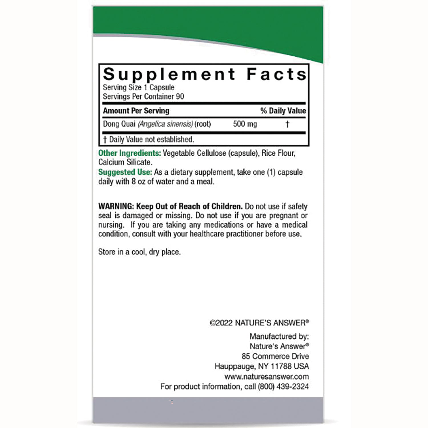 NAT147 | Back panel with Supplement Facts showing Dong Quai 500 mg, other ingredients, suggested use and warning