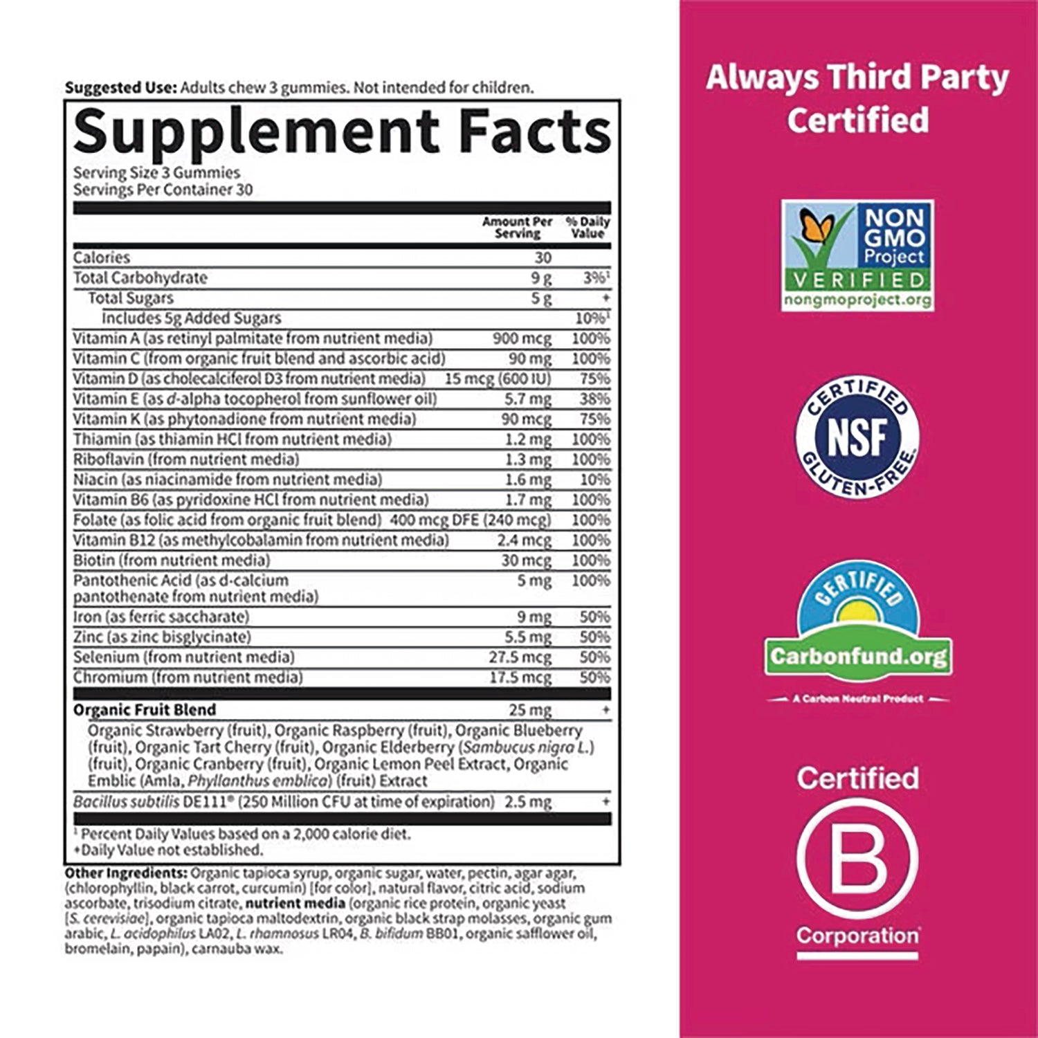 GLF394 | supplement facts panel listing vitamins, minerals and organic fruit blend with certification logos on magenta side