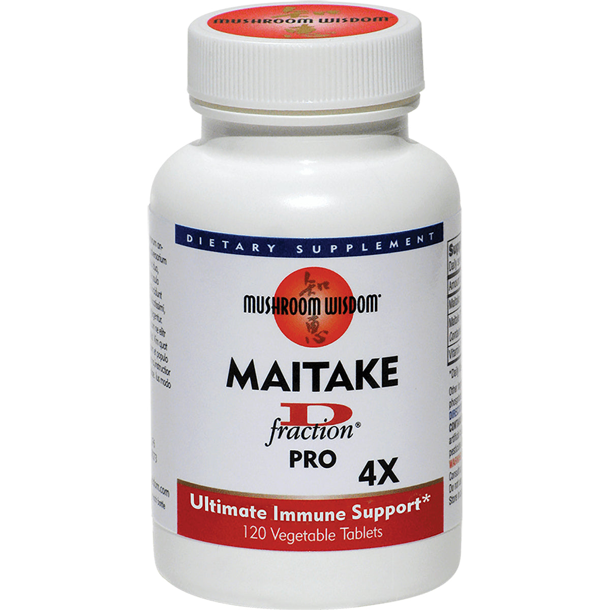 MSH016 | White bottle of Mushroom Wisdom Maitake fraction PRO 4X dietary supplement, 120 vegetable tablets, Ultimate Immune Support