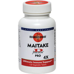 MSH016 | White bottle of Mushroom Wisdom Maitake fraction PRO 4X dietary supplement, 120 vegetable tablets, Ultimate Immune Support