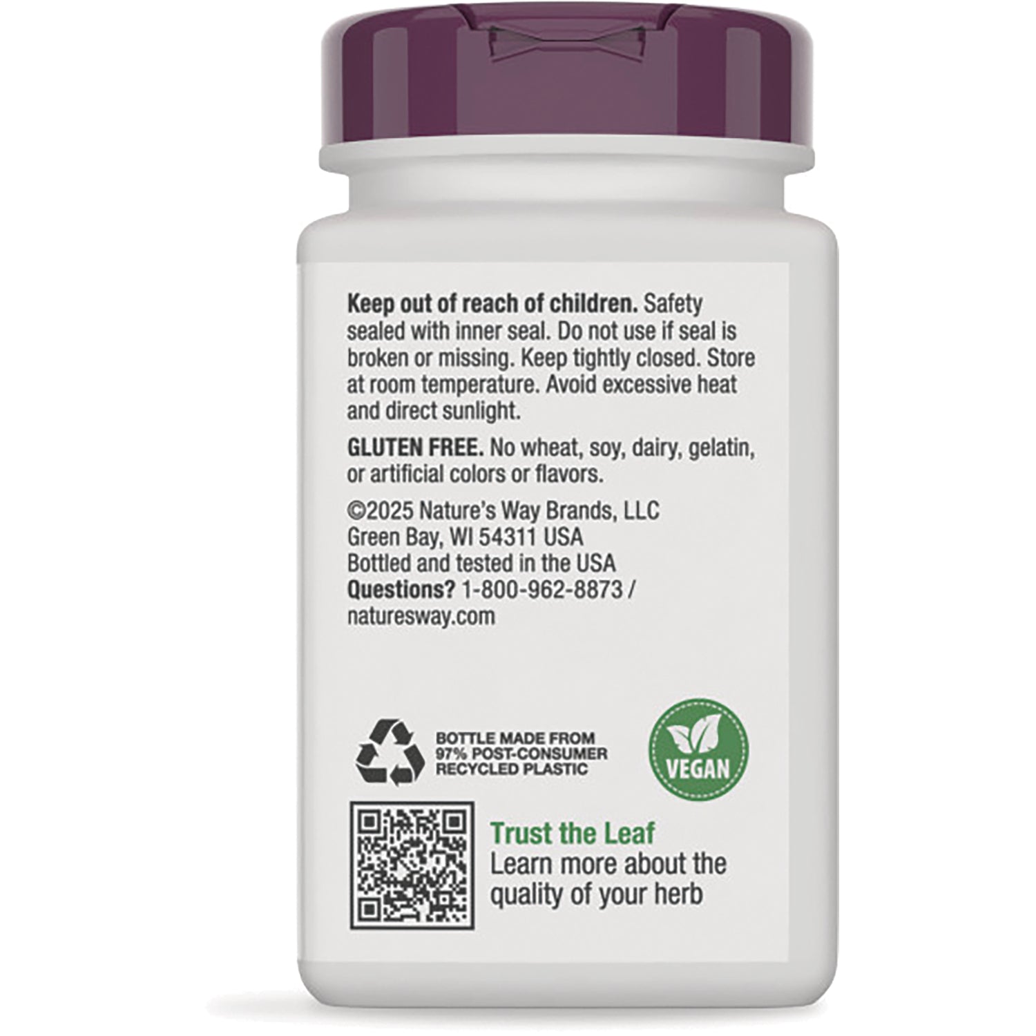 NW758 | Back label of white supplement bottle showing safety warnings, gluten free and vegan icons, recycling mark and QR code