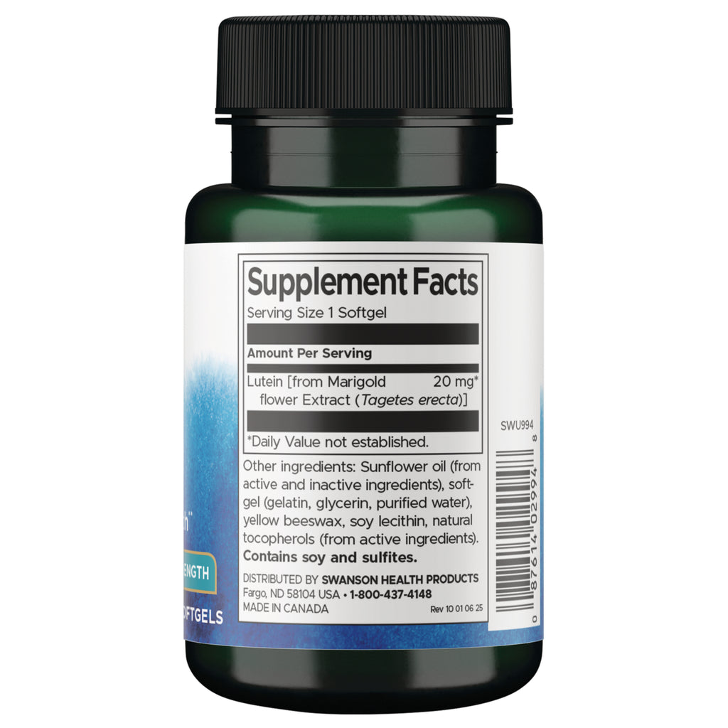 SWU994 | Back label with Supplement Facts: Serving Size 1 Softgel, Lutein 20 mg - Thumbnail
