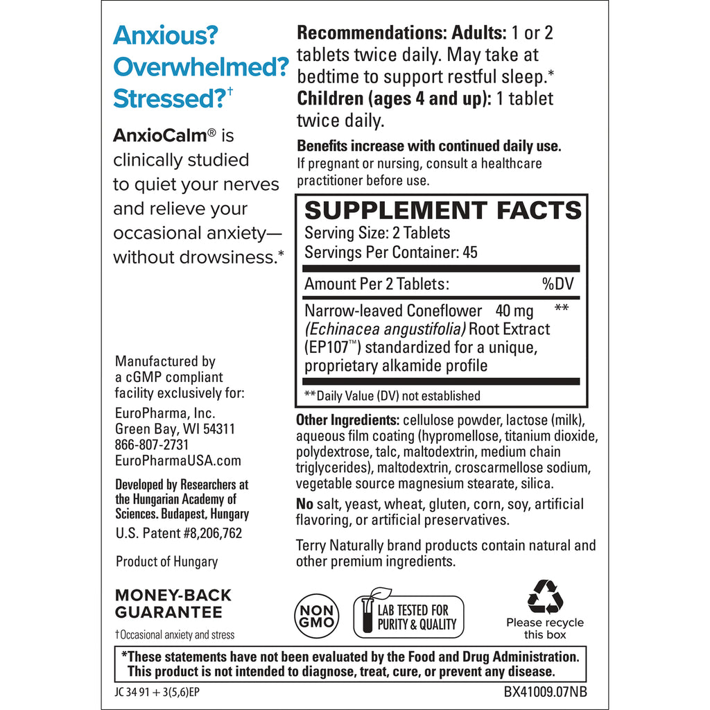 Supplement facts and directions panel for AnxioCalm dietary supplement showing serving size, ingredients, and manufacturer information - Thumbnail