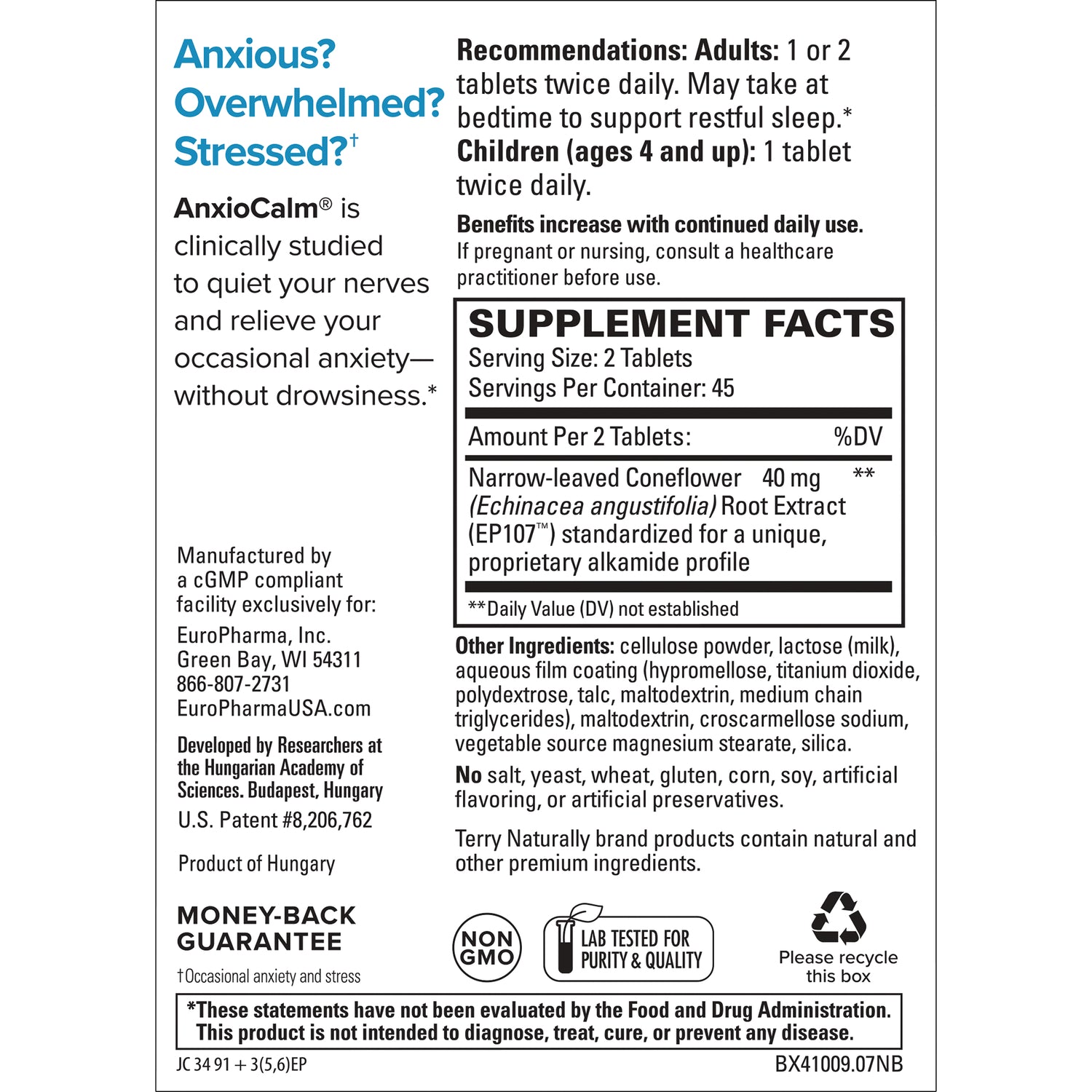 Supplement facts and directions panel for AnxioCalm dietary supplement showing serving size, ingredients, and manufacturer information