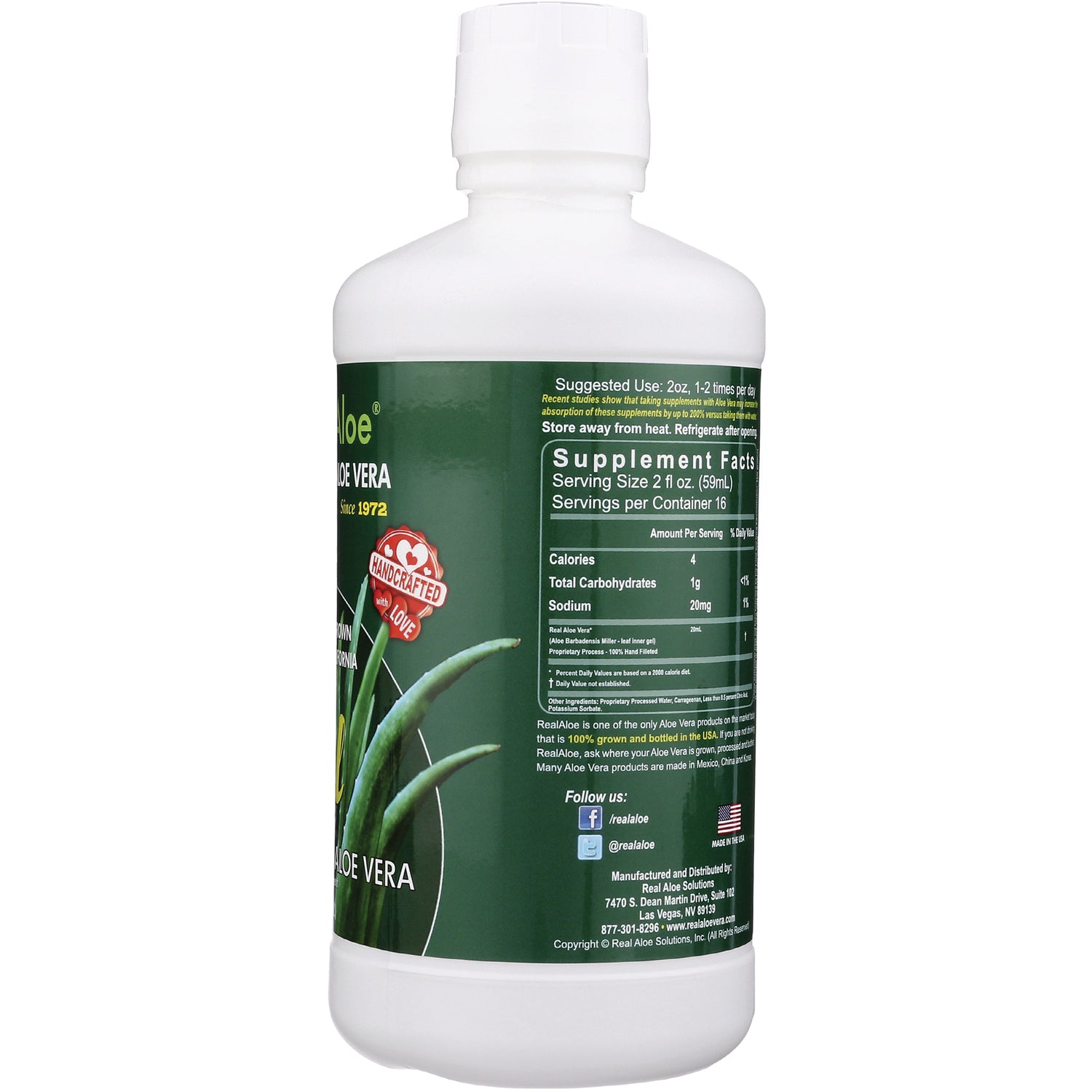 RA005 | Back of white aloe vera bottle showing green label with Supplement Facts nutrition panel