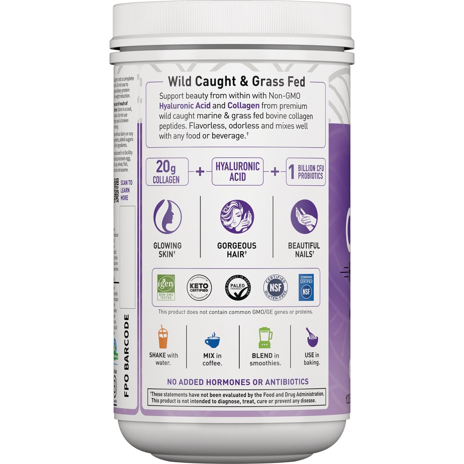 GLF350 | Back of supplement tub label listing 20g collagen, hyaluronic acid, 1 billion CFU probiotics, icons for glowing skin, hair, nails and usage directions