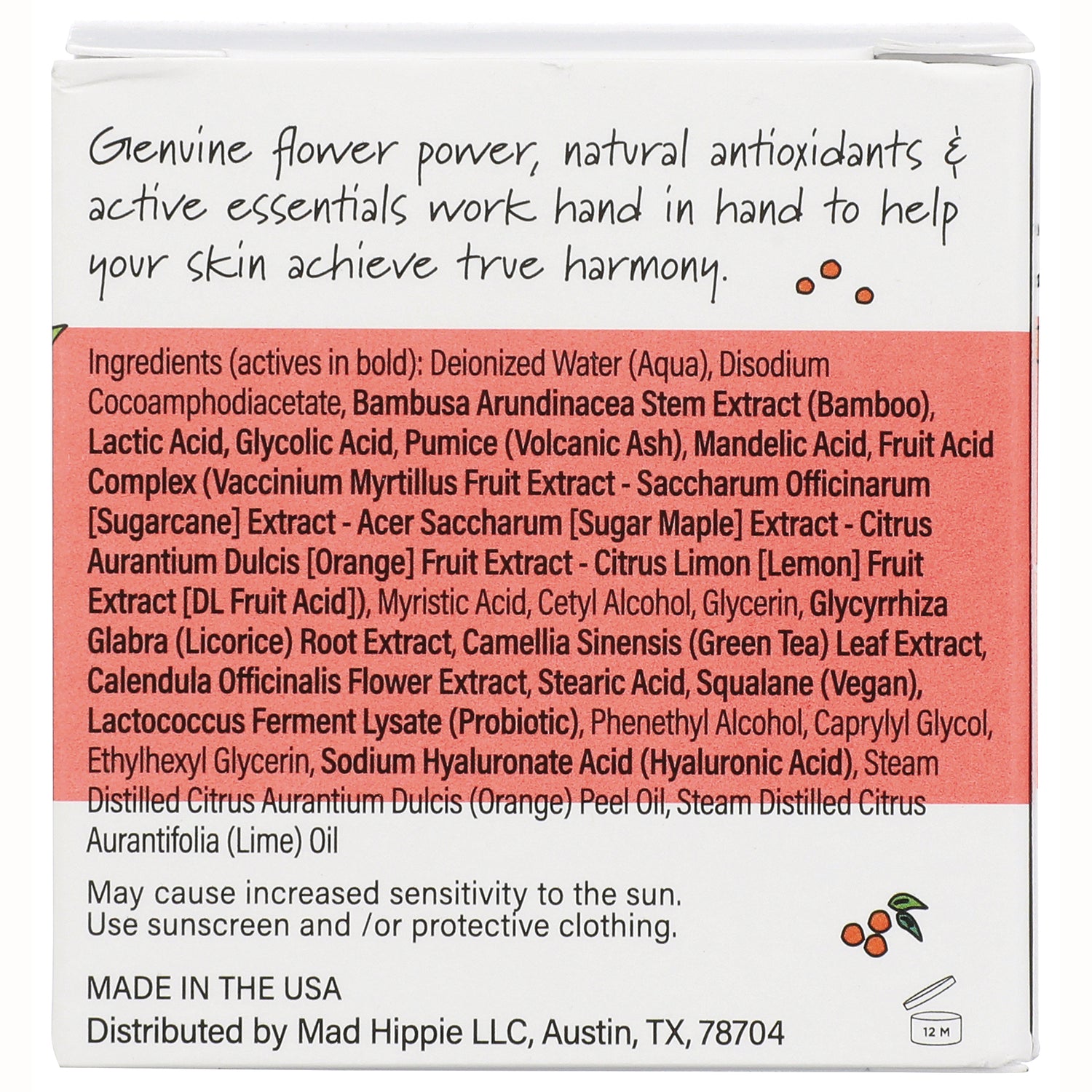 HIP013 | Back of white product box showing ingredients list, usage warning about sun sensitivity, and MADE IN THE USA