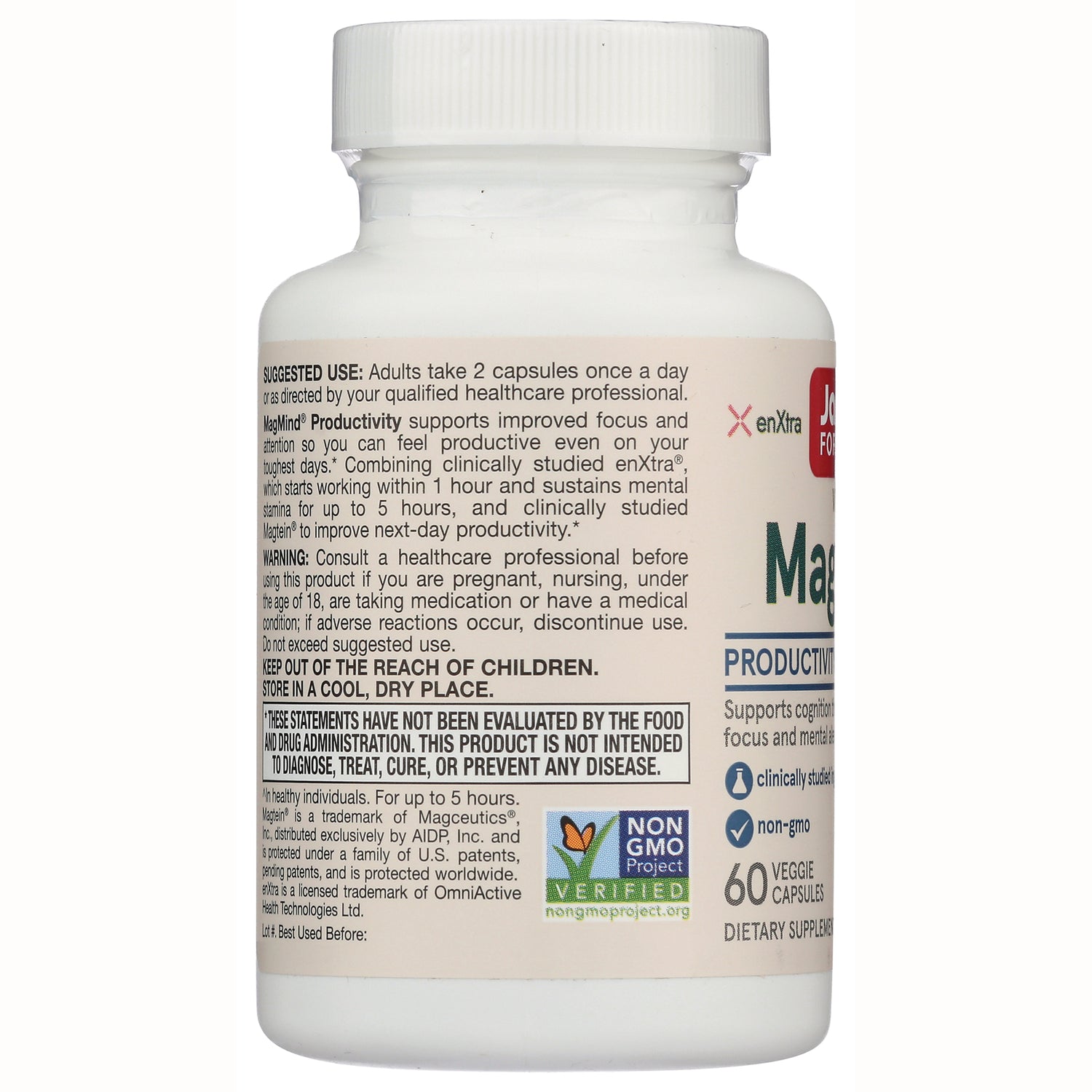 JR369 | back label of white supplement bottle with suggested use, warnings, Non-GMO Verified seal and 60 veggie capsules