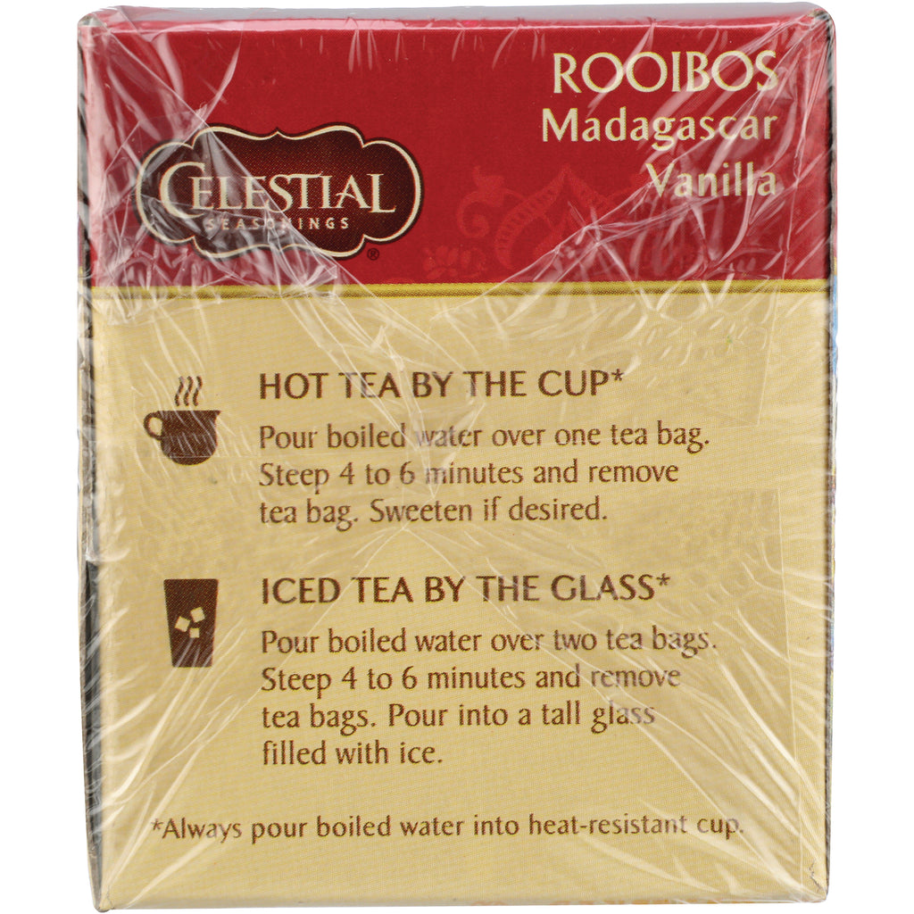CEL005 | Back of Celestial Seasonings Rooibos Madagascar Vanilla tea box showing hot and iced tea brewing instructions - Thumbnail
