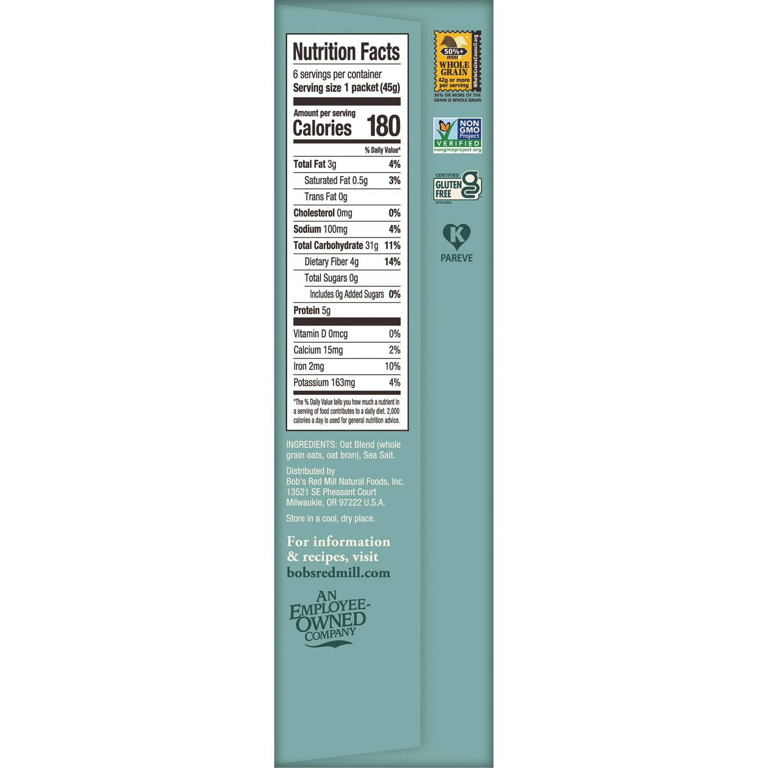 BOB489 | Back panel with Nutrition Facts table, ingredients list, and certification logos Non GMO gluten free kosher