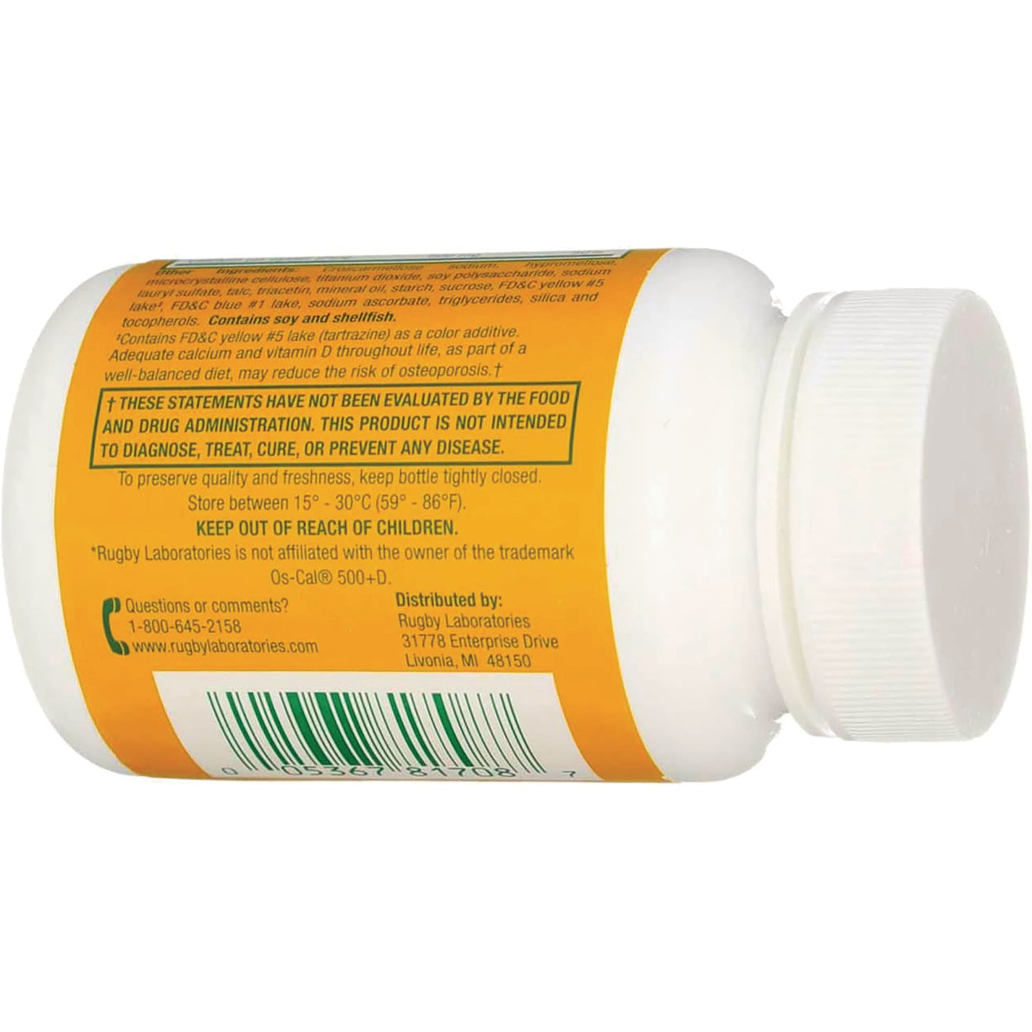 WAT039 | Back label of supplement bottle showing warnings, barcode, and Rugby Laboratories contact info