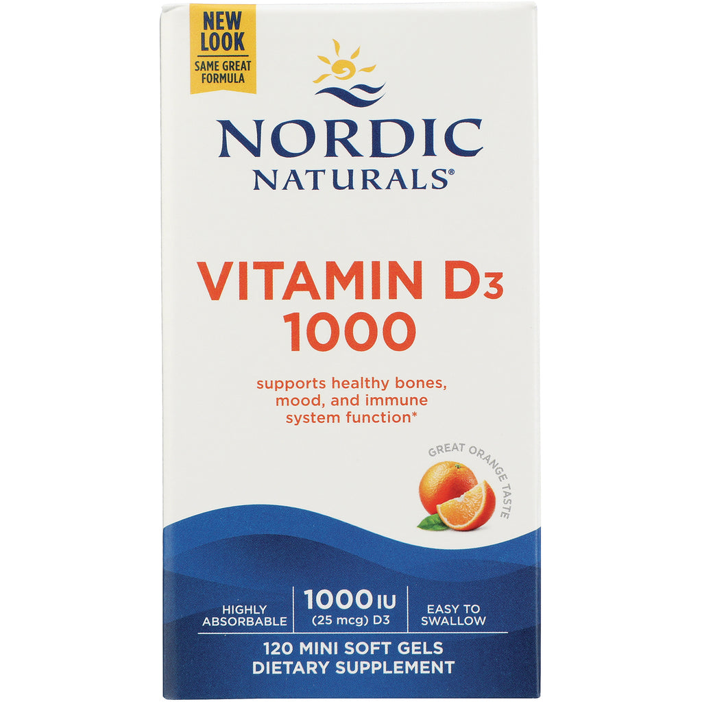 NRN063 | Nordic Naturals Vitamin D3 1000 IU box, orange-flavored 120 mini soft gels front packaging - Thumbnail