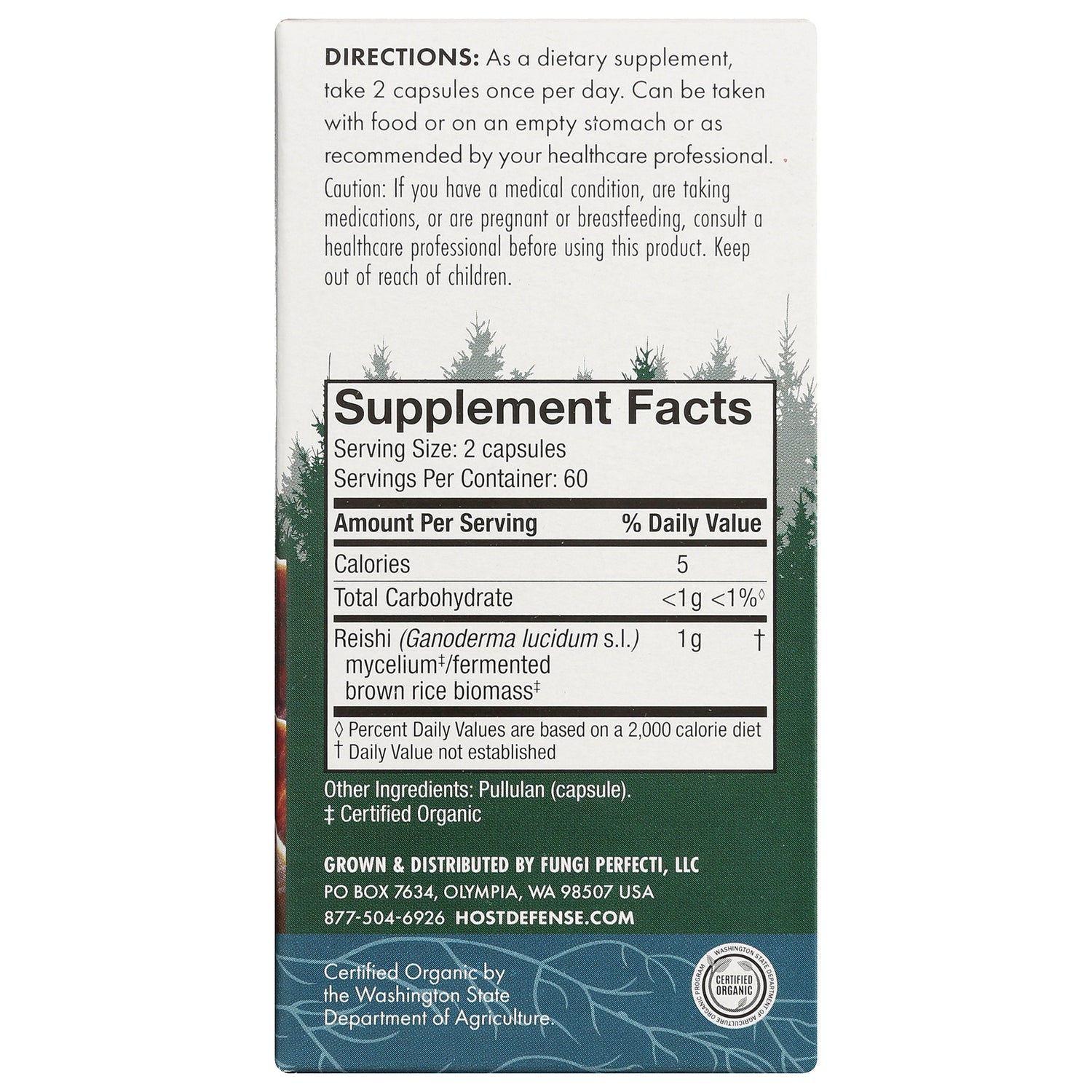 FUN009 | Back of supplement box showing Directions and Supplement Facts panel listing serving size 2 capsules and Reishi 1 g