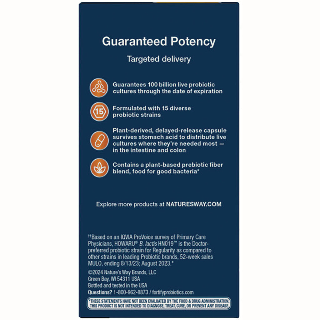 NW804 | Product infographic: Guaranteed Potency, 100 billion live probiotics, 15 strains, delayed-release capsule, plant-based prebiotic - Thumbnail