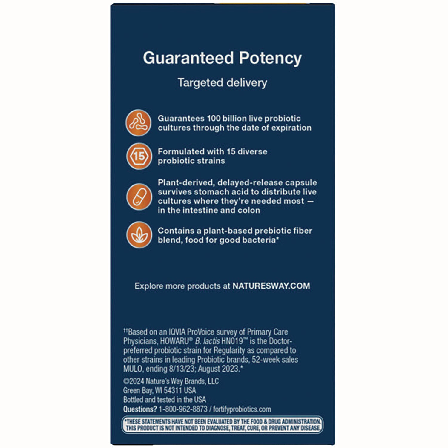 NW804 | Product infographic: Guaranteed Potency, 100 billion live probiotics, 15 strains, delayed-release capsule, plant-based prebiotic