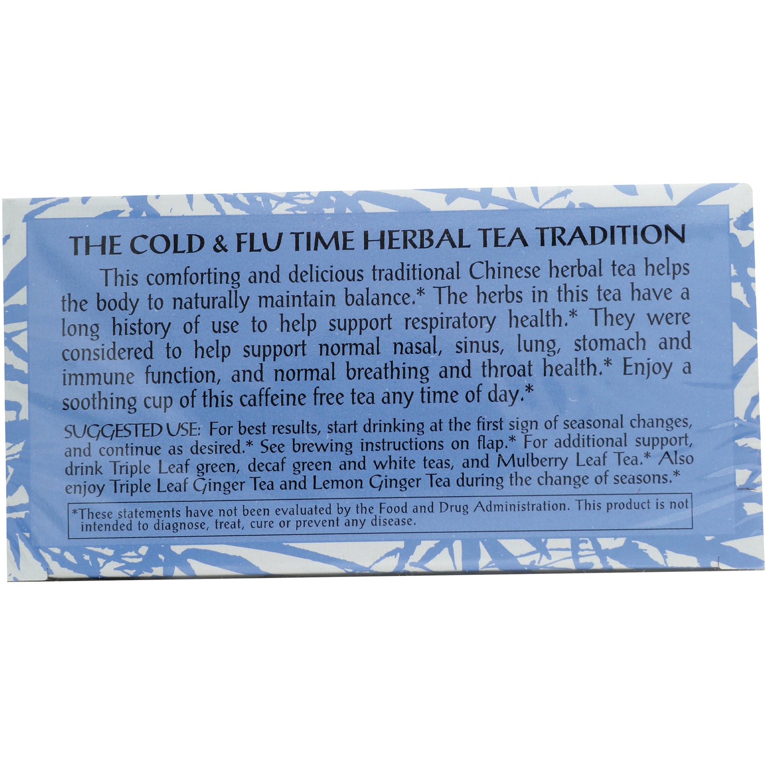 TLT011 | Back panel with The Cold & Flu Time Herbal Tea Tradition story, suggested use, and FDA disclaimer