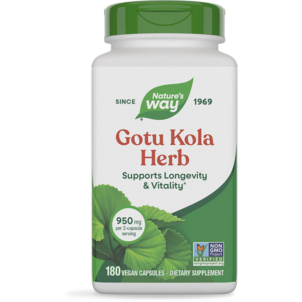 NW489 | Nature's Way Gotu Kola Herb supplement bottle with label noting 950 mg per 2-capsule serving and 180 vegan capsules - Thumbnail