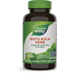 NW489 | Nature's Way Gotu Kola Herb supplement bottle with label noting 950 mg per 2-capsule serving and 180 vegan capsules