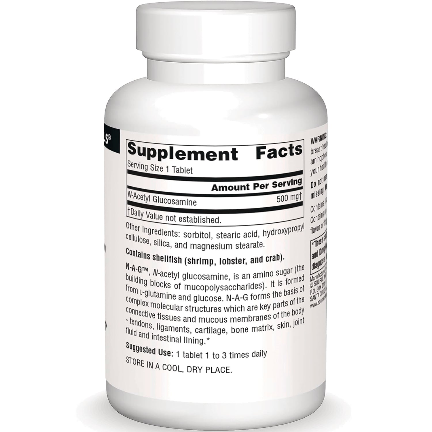 SN742 | Back label with Supplement Facts panel and ingredients, N-Acetyl Glucosamine 500 mg