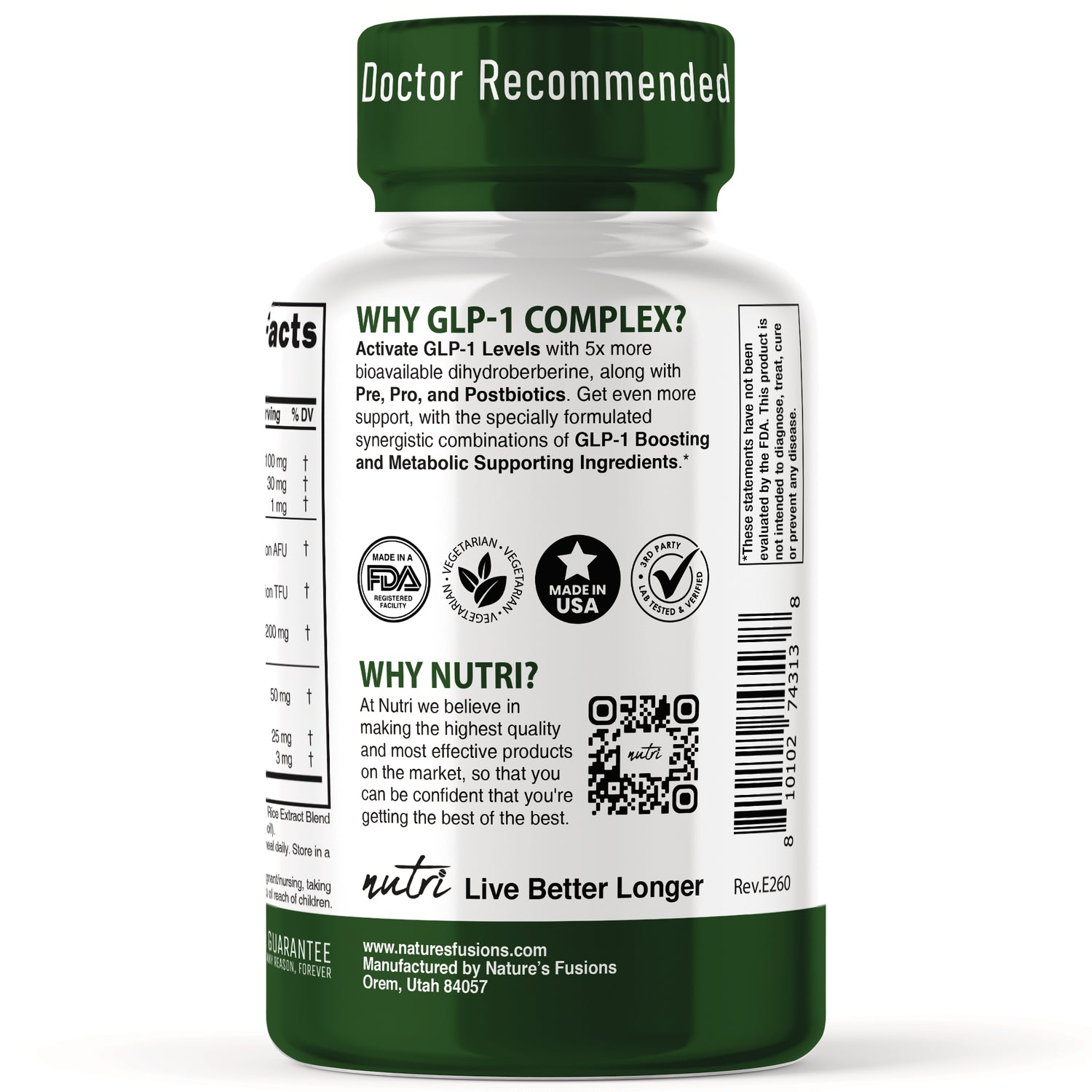NFU014 | Back label of supplement bottle with WHY GLP-1 COMPLEX? headline, certification icons, QR code and barcode