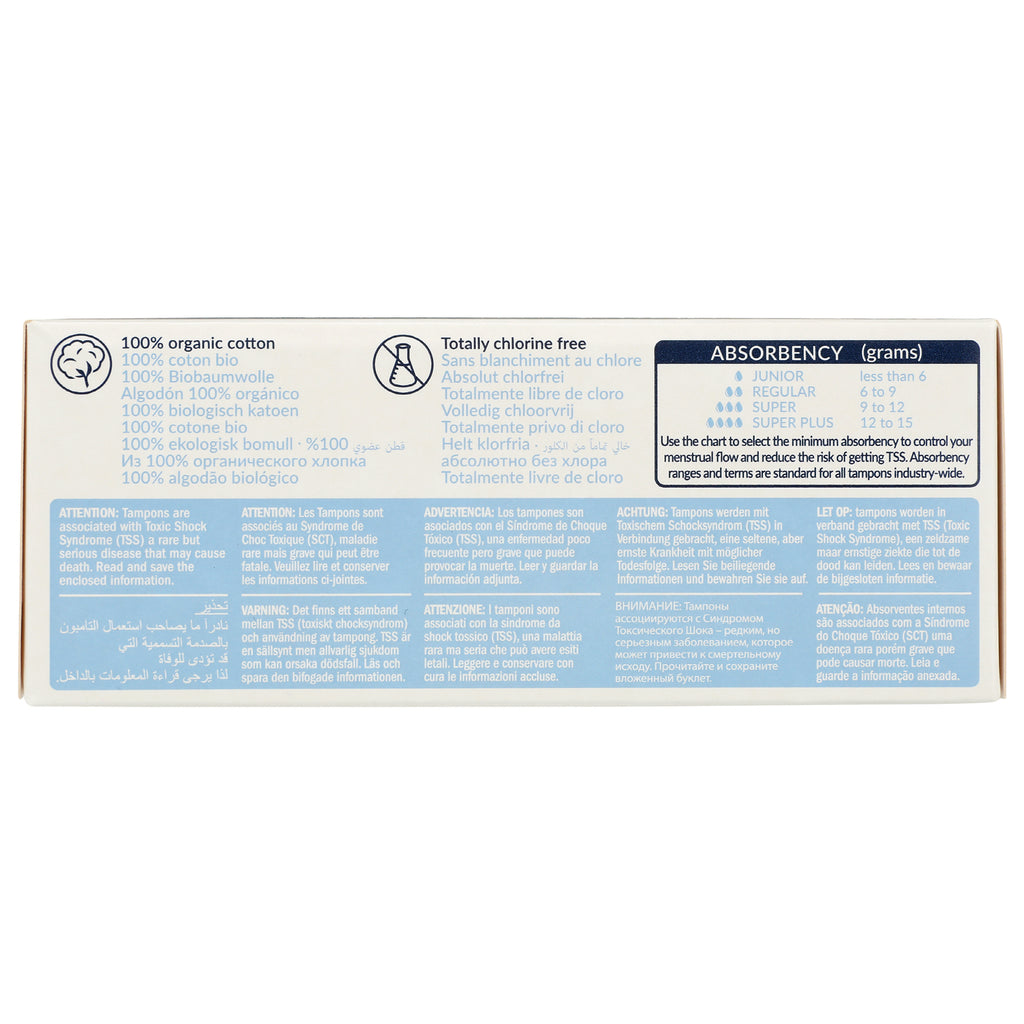 NCR001 | Back of tampon box showing absorbency chart, 100% organic cotton claim and multilingual warnings - Thumbnail