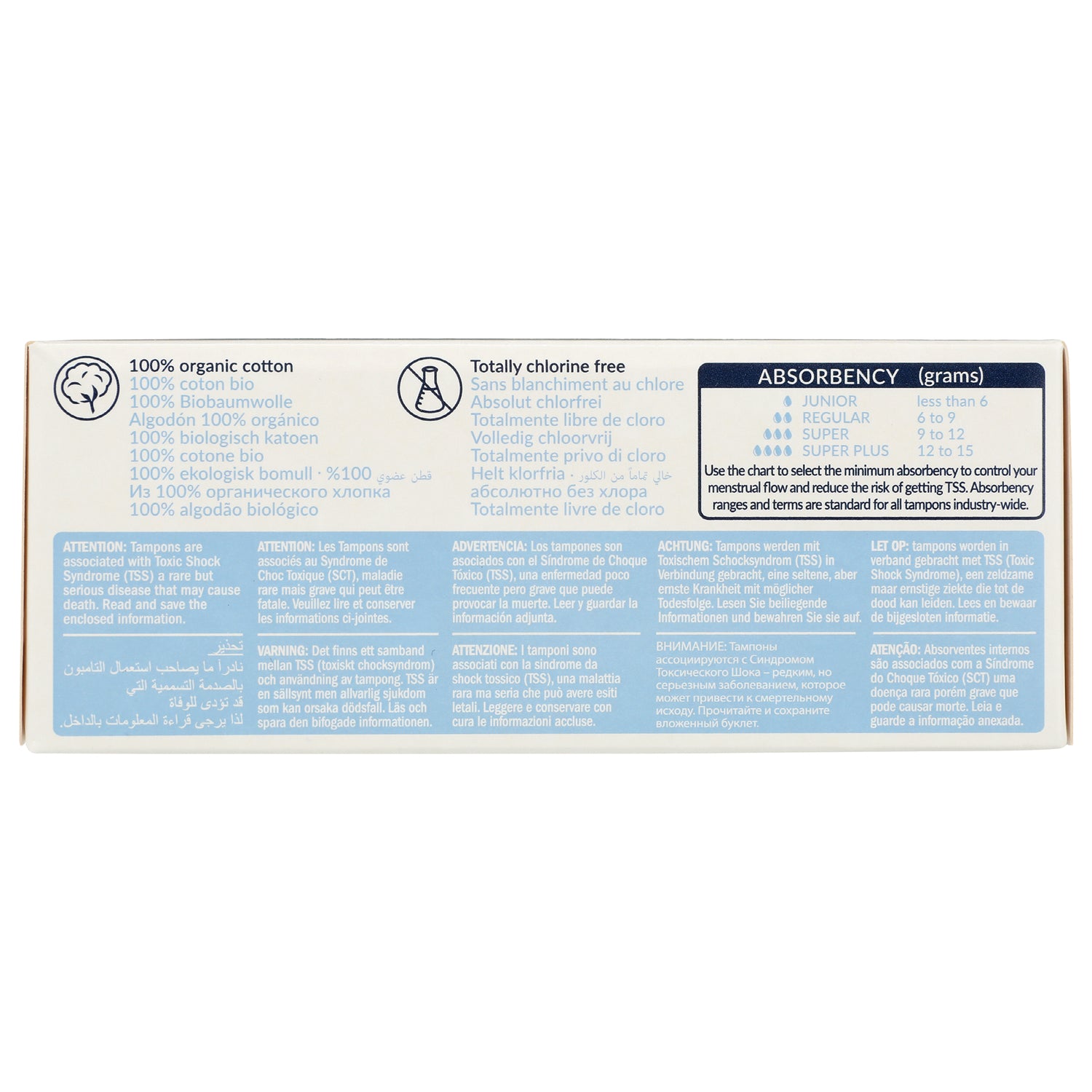 NCR001 | Back of tampon box showing absorbency chart, 100% organic cotton claim and multilingual warnings