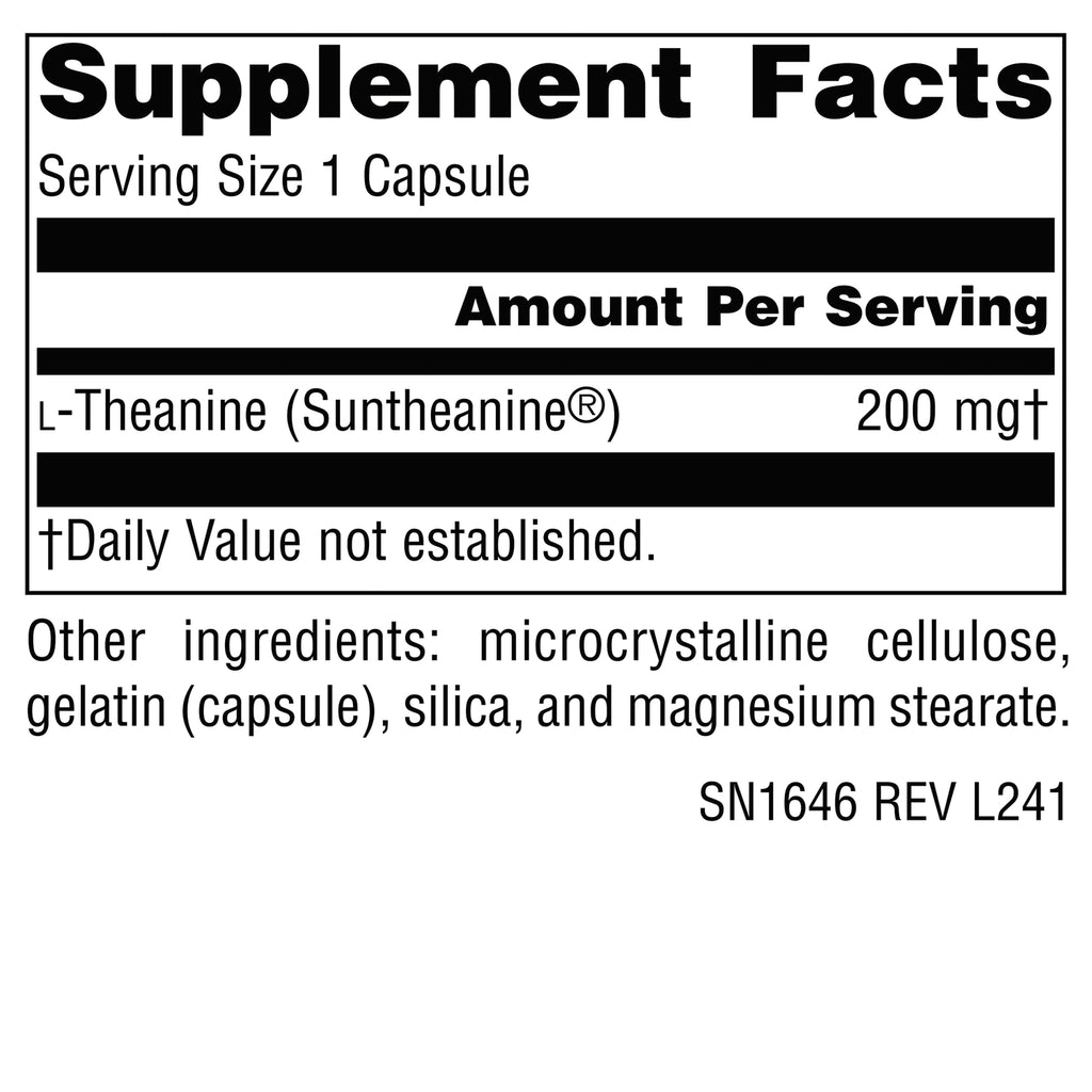 SN974 | Back label Supplement Facts: Serving Size 1 Capsule; L-Theanine (Suntheanine) 200 mg; other ingredients - Thumbnail