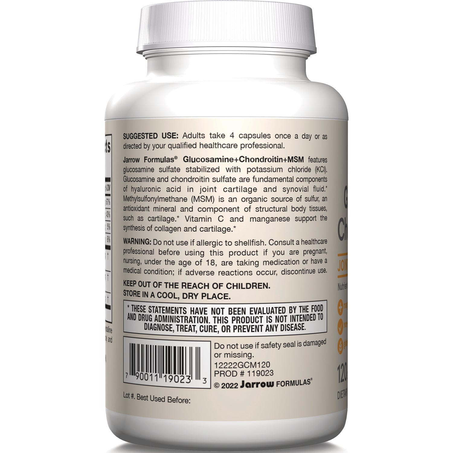 JR146 | Back label of supplement bottle showing suggested use, warnings, barcode and lot information
