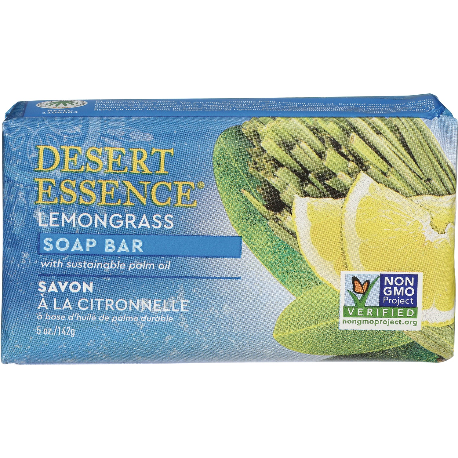 DST081 | Desert Essence lemongrass soap bar packaging with lemon slices, lemongrass and Non GMO Project verified seal