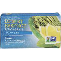 DST081 | Desert Essence lemongrass soap bar packaging with lemon slices, lemongrass and Non GMO Project verified seal