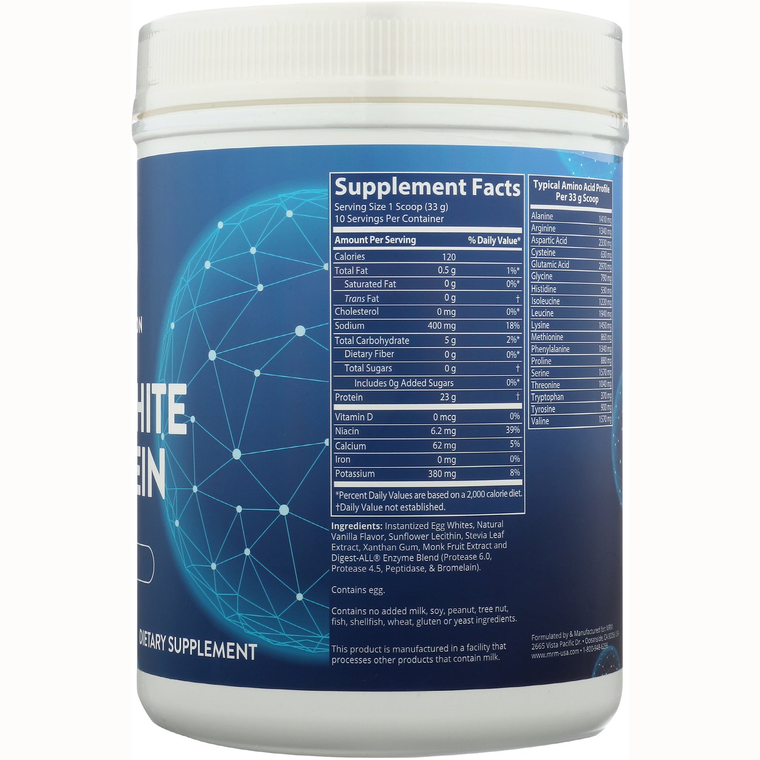 MRM015 | Back label showing Supplement Facts panel, amino acid profile, and ingredients on blue protein powder tub