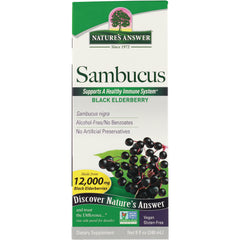 NAT087 | Nature's Answer Sambucus black elderberry dietary supplement box front with berries and 12,000 mg callout